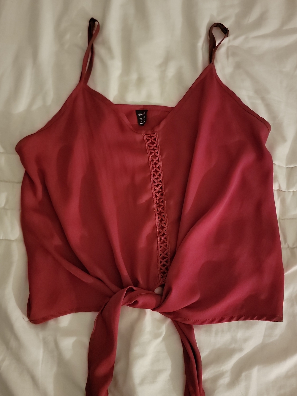 SHEIN Rose Red Tie-Front Camisole with Crochet Trim